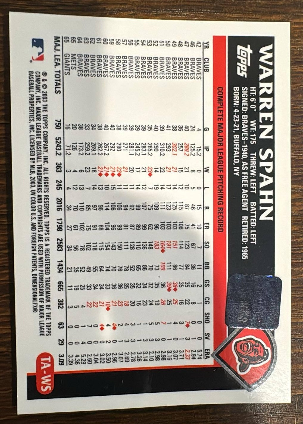 WARREN SPAHN 2003 Topps CERTIFIED Retired Signature Autograph