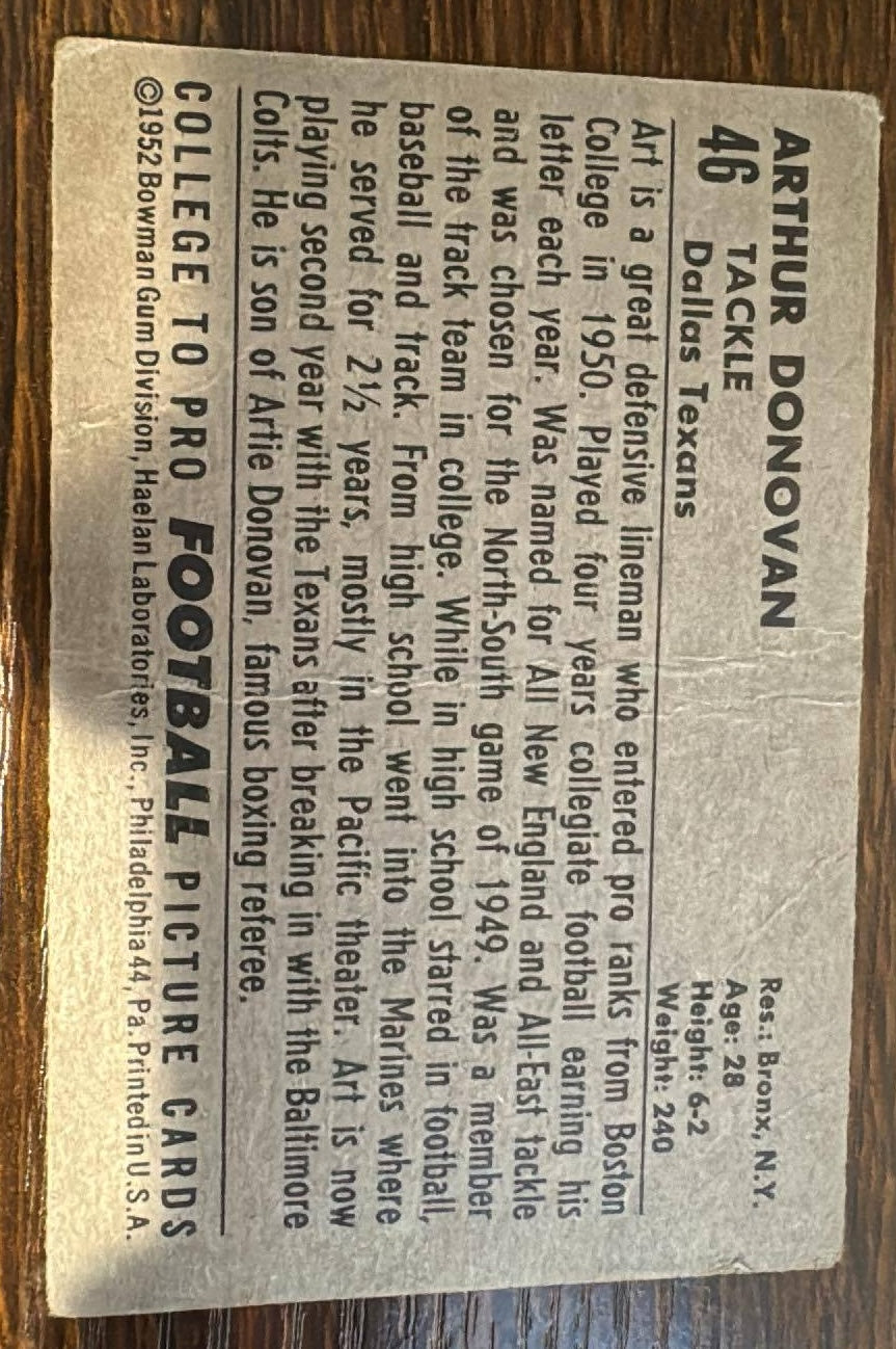 Art Donovan 1952 Bowman Rookie Card #46