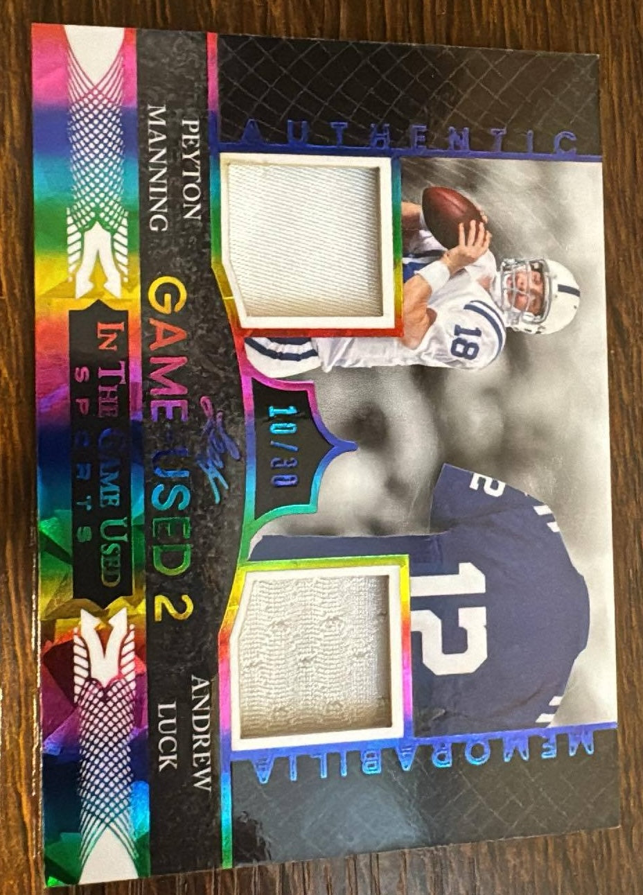 Peyton Manning & Andrew Luck Game-Used Dual Jersey Card 10/30 Leaf 2021