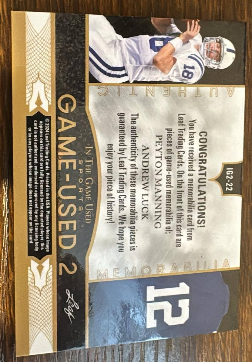 Peyton Manning & Andrew Luck Game-Used Dual Jersey Card 10/30 Leaf 2021