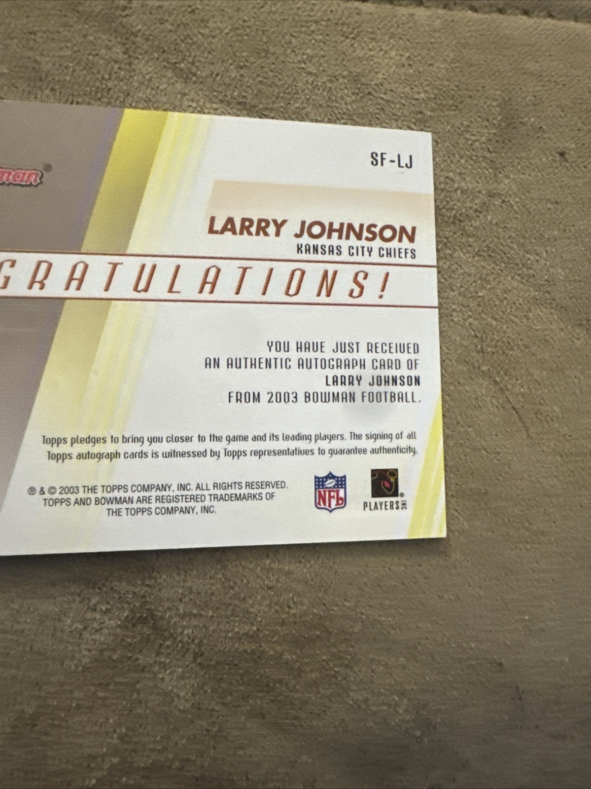 2003 Bowman Signs of the Future Larry Johnson #SF-LJ Rookie Auto RC