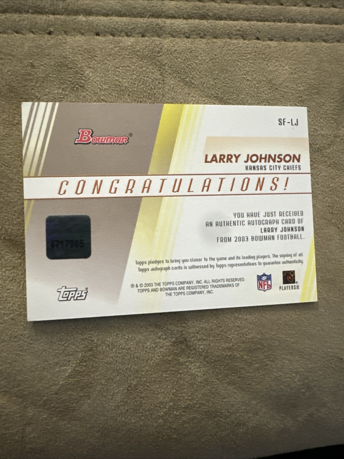 2003 Bowman Signs of the Future Larry Johnson #SF-LJ Rookie Auto RC
